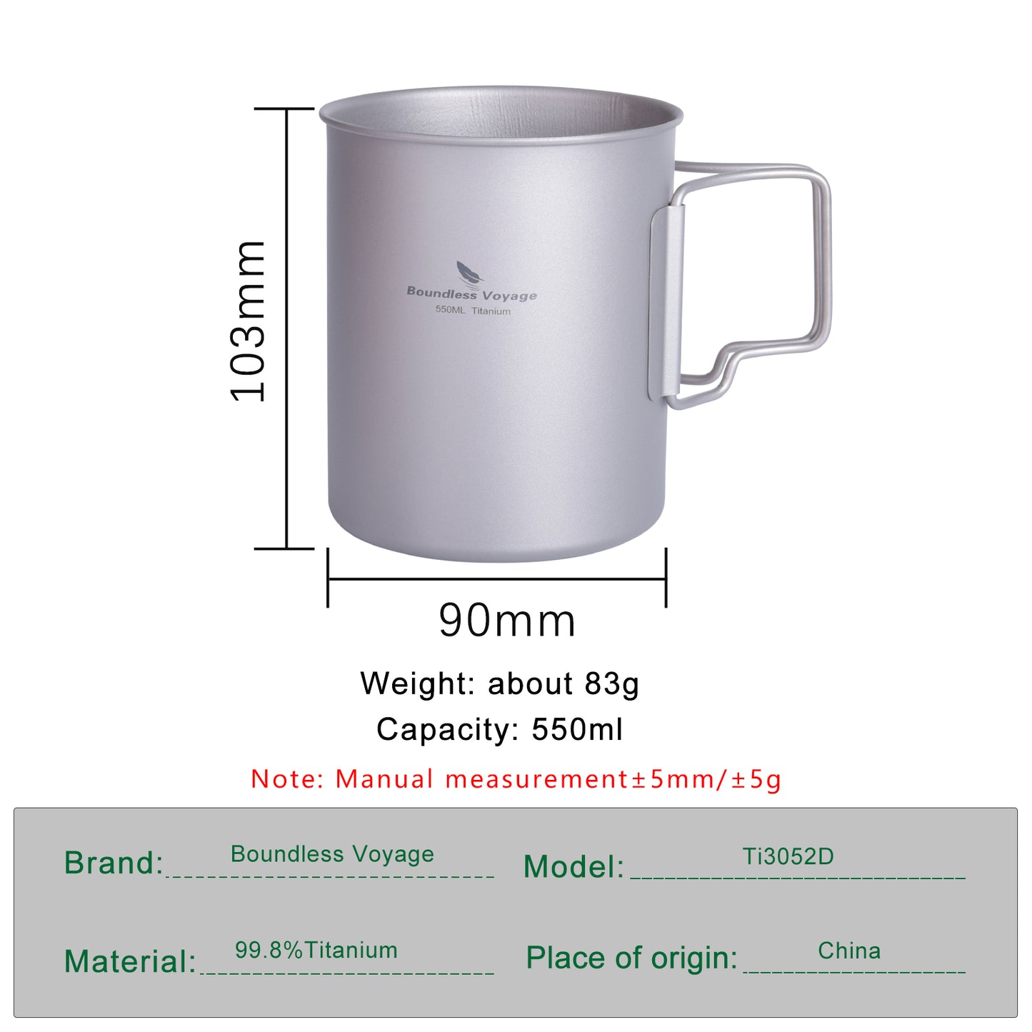 Boundless Voyage Titanium ultra lightweight pot 550ml water cup for outdoor  camping  18oz coffee beer mug  with out lid