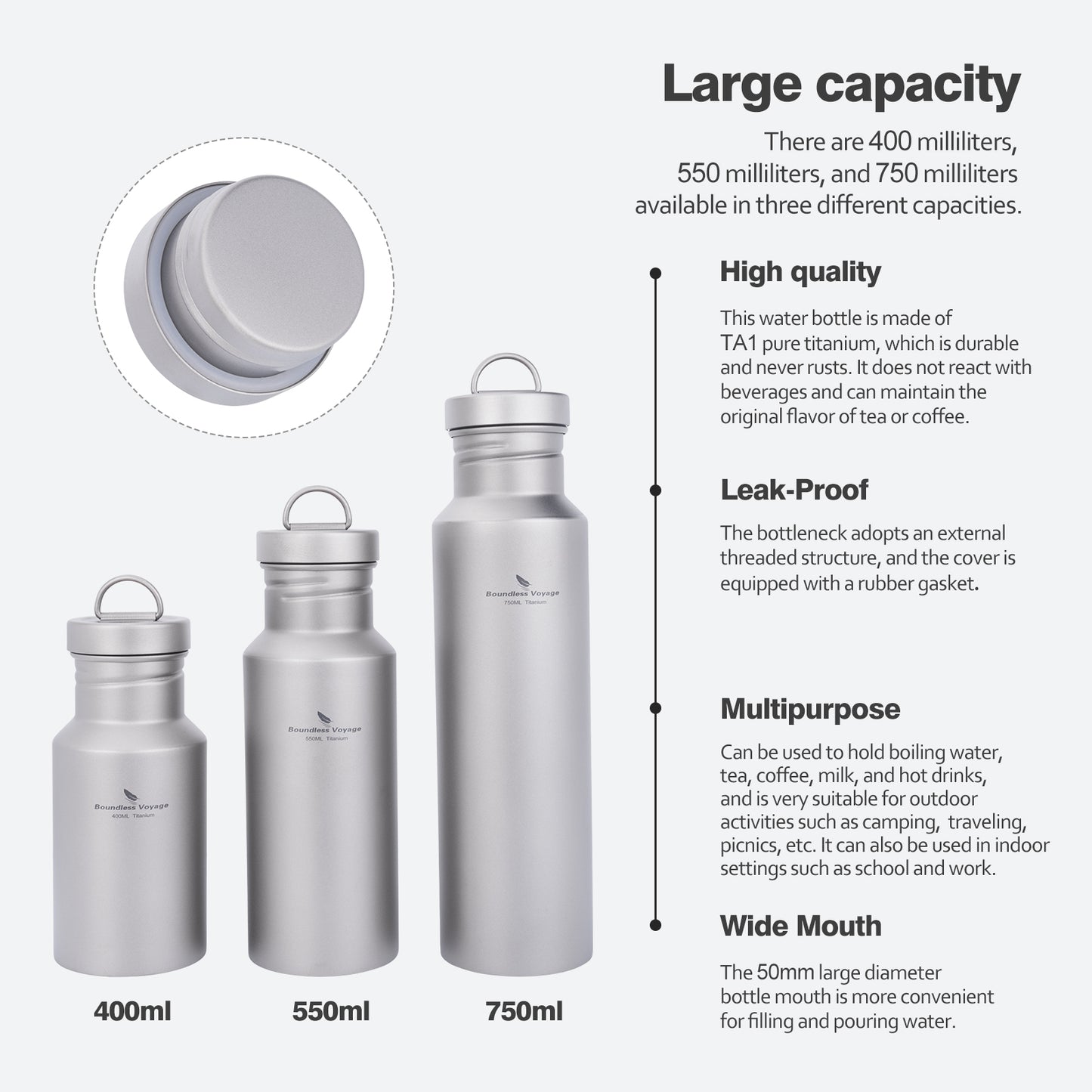 Boundless Voyage Titanium Water Bottle 750ml with Lid Wide Mouth Leak-Proof Reusable Sport Drinking Bottle for Camping Hiking Tea Coffee