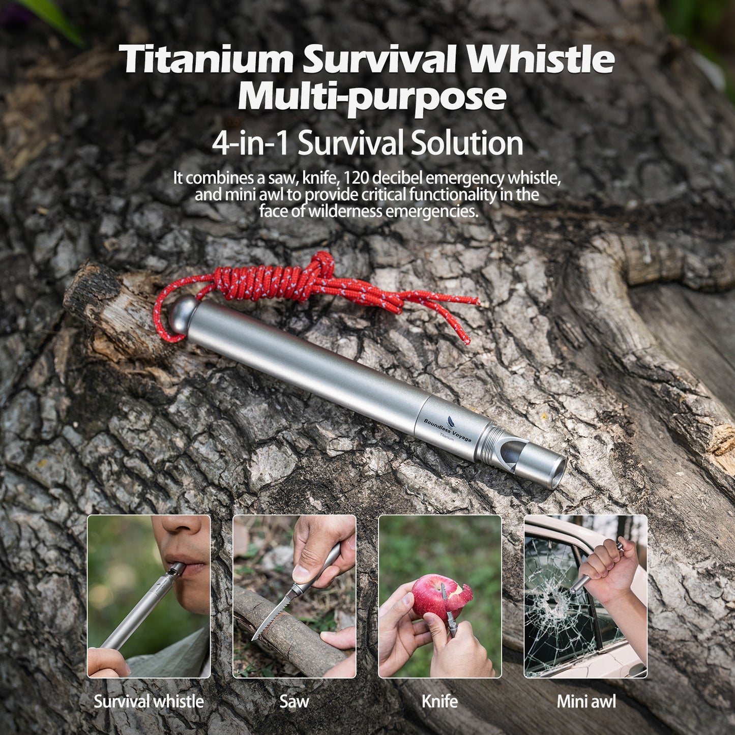 Boundless Voyage Titanium Survival Whistle 120dB – 4-in-1 EDC Emergency Tool with Knife, Saw & Awl for Camping, Hiking & Outdoor