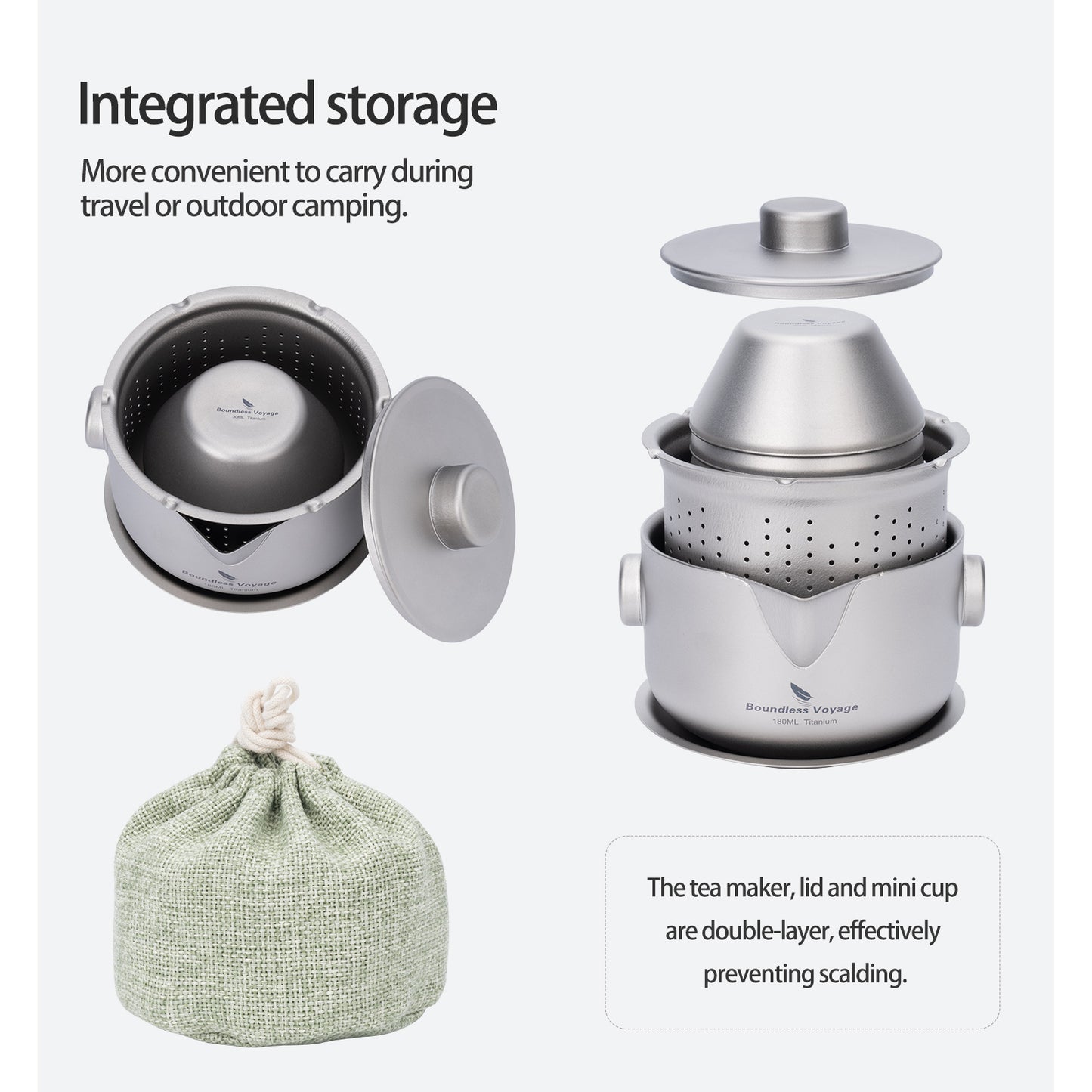 Boundless Voyage 180ml Titanium Double-Layer Tea Set | 136g Ultralight Teapot with 3pcs 30ml Anti-Scald Cups | Stackable Travel Tea Maker for Camping
