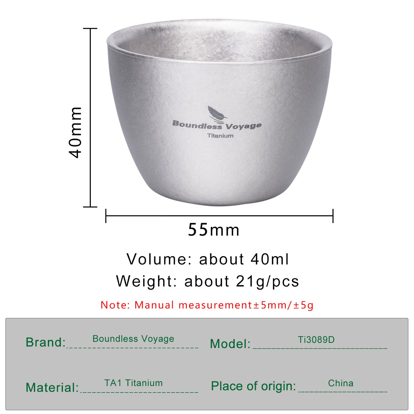 Boundless Voyage 40ml Double-Wall Titanium Sake Cup – Ultralight Insulated Shot Mug, TA1 Titanium Mini Cup for Whiskey, Tea & Outdoor Camping