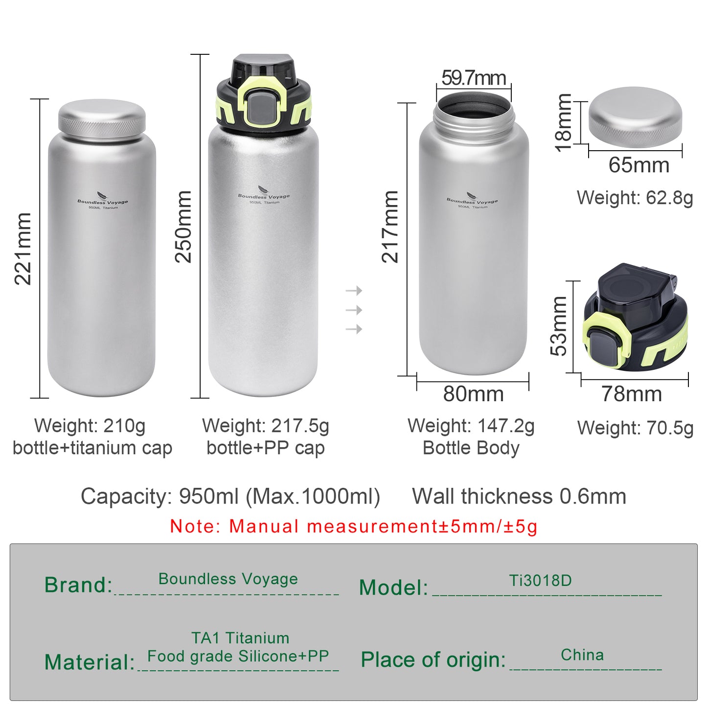 Boundless Voyage 950ml Titanium Water Bottle with Lids – TA1 Ultralight Wide Mouth Canteen for Hiking, Camping & Travel