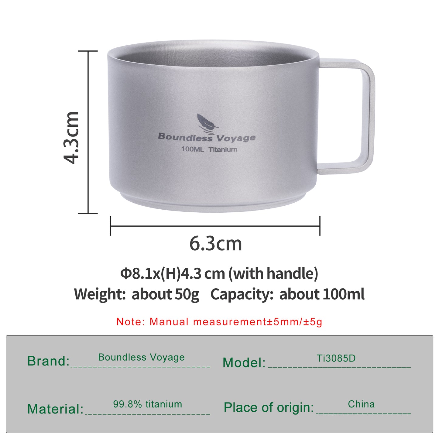 Boundless Voyage Titanium Double Wall Coffee Cup 100ml For Home Outdoor Camping Lightweight
