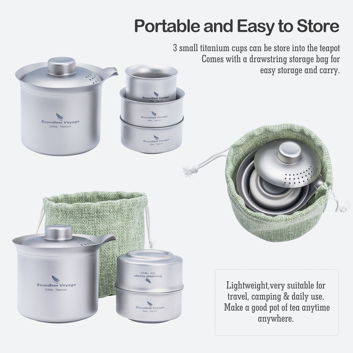 Boundless Voyage Titanium Double-Layer Tea Maker Set – Ultralight Camping Tea Pot + 3 Mini Cups (30ml) for Outdoor Brewing & Travel Tea Ceremony