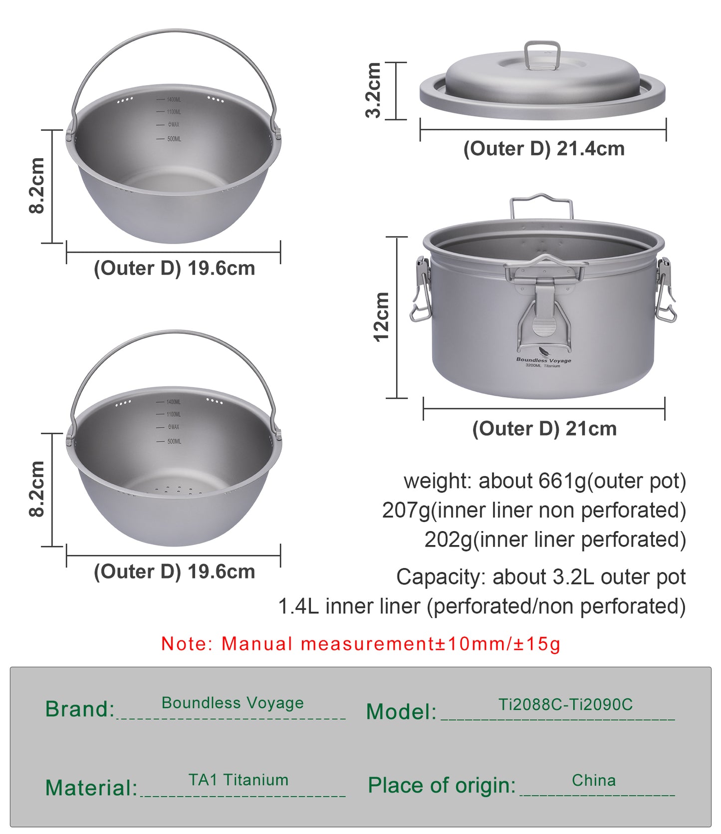 Boundless Voyage 3.2L Titanium Rice Cooker Set – Ultralight Camping Pot with Non-Porous Inner Liner for Outdoor Cooking