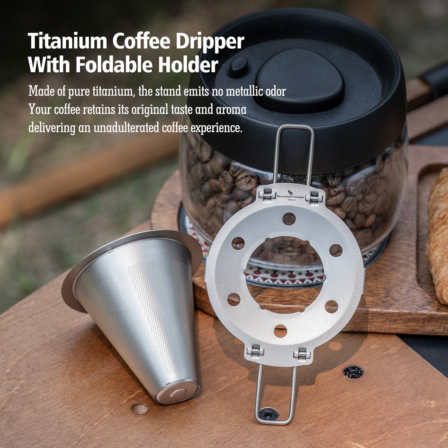 Boundless Voyage Pour Over Coffee Dripper,Titanium Coffee Filter With Foldable Holder Metal Cone Filter Paperless Reusable Portable for Home, Work, Outdoor Travel, Camping