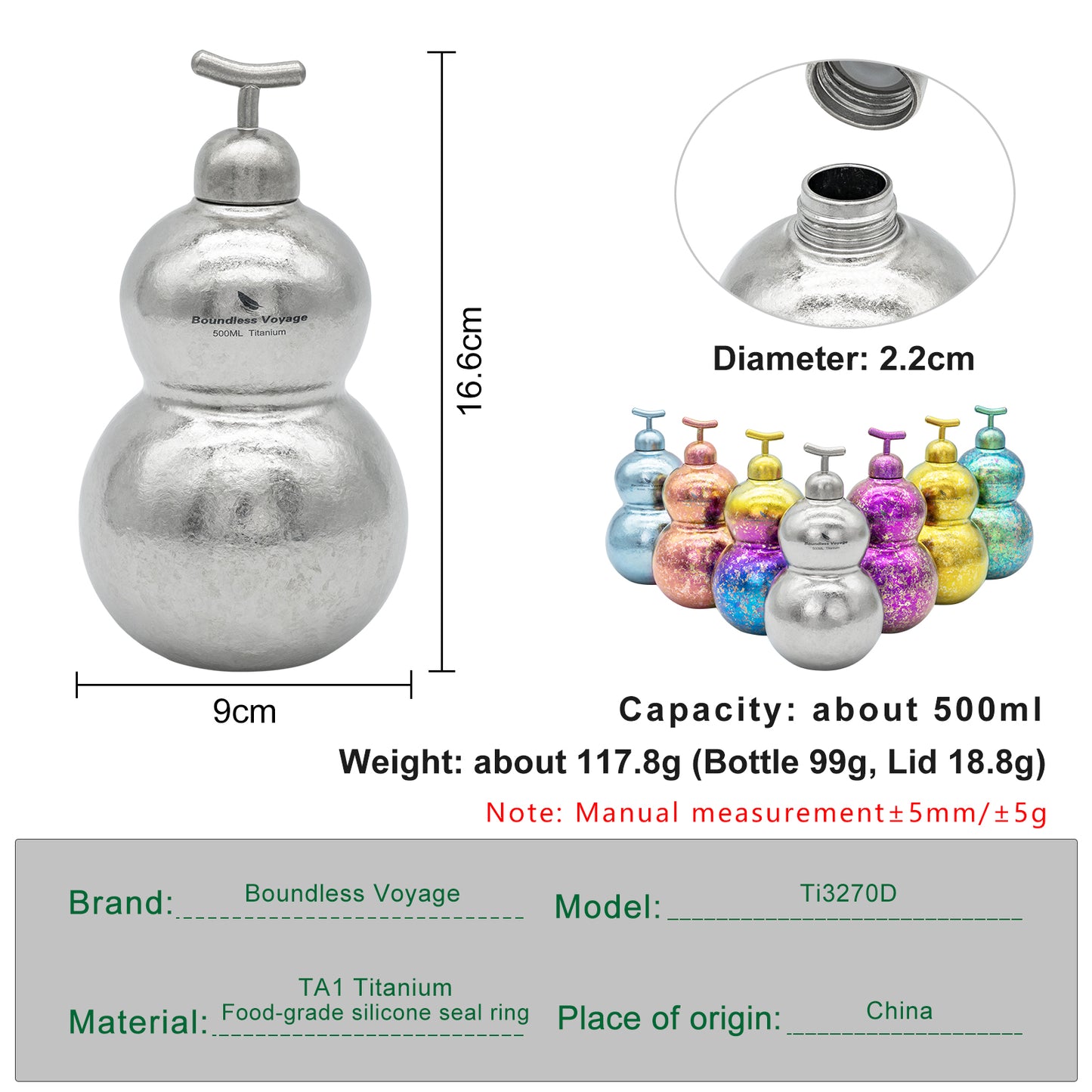 Boundless Voyage Premium Titanium Gourd Flask  | 500ml Crystallized Ice-Texture Canteen | Ultralight & Rustproof Alcohol Drinkware for Hiking & Camping