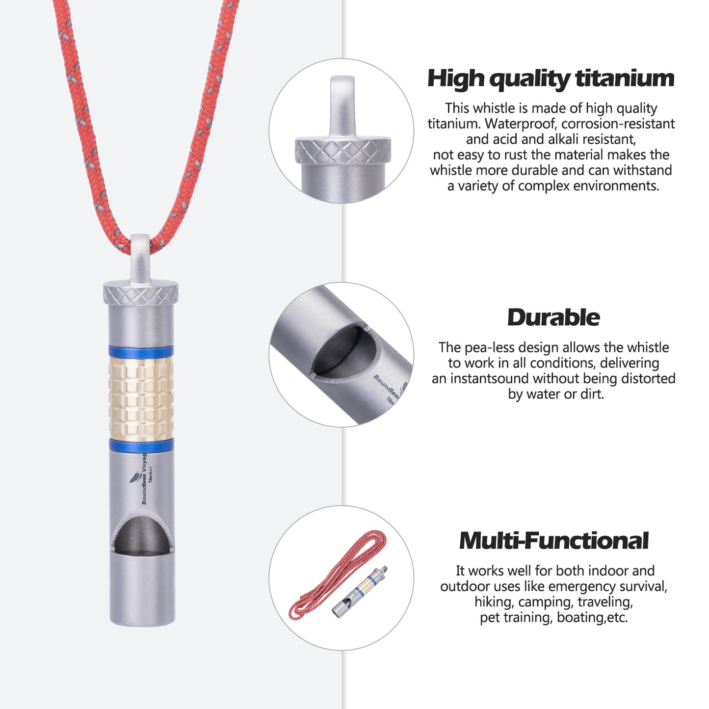Boundless Voyage Titanium Whistle – Ultralight Emergency Safety Whistle with Lanyard for Camping, Hiking, Sports & Keychain EDC