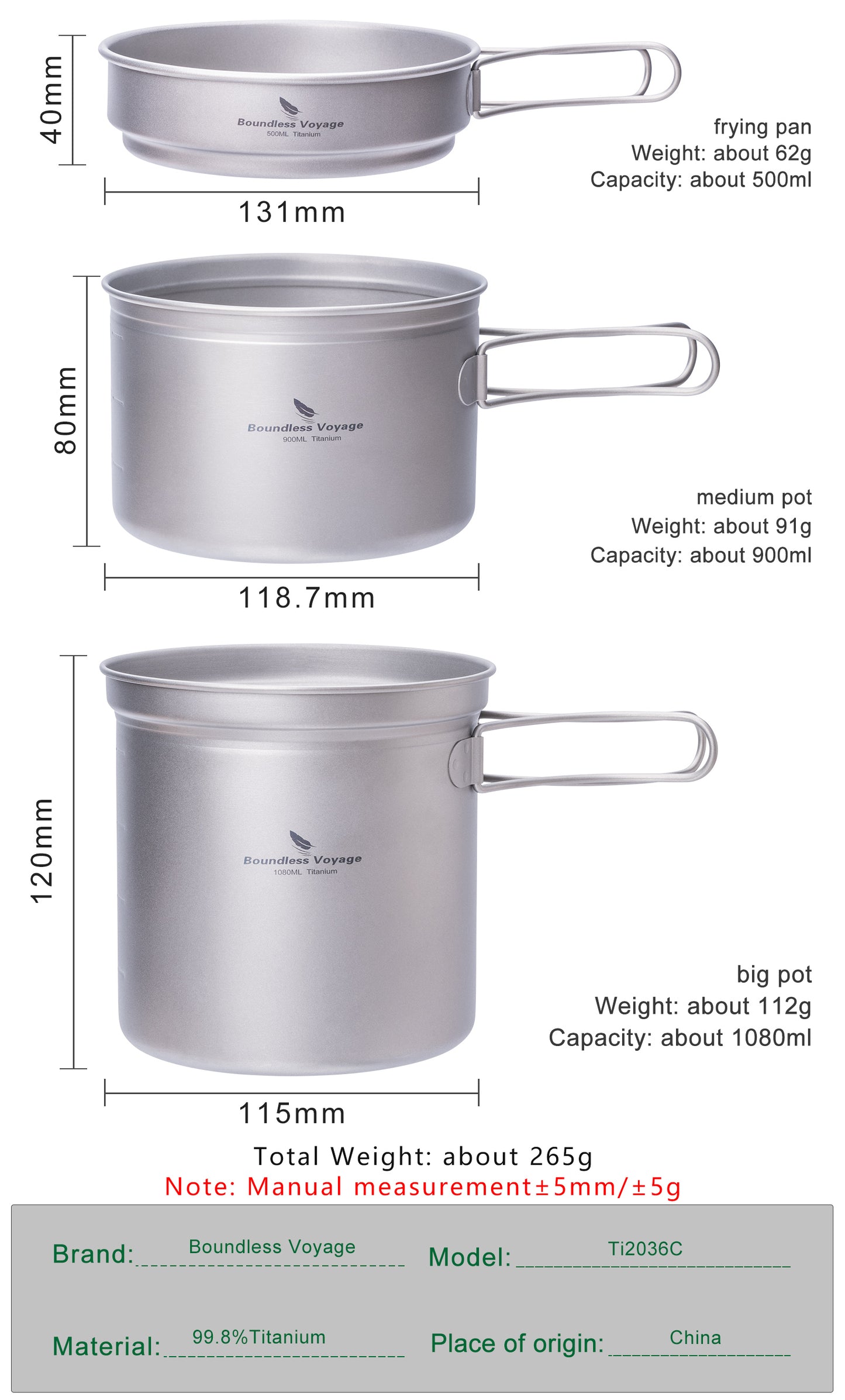 Boundless Voyage Titanium Cookware Set (3-Piece) – Ultralight Camping Pot, Pan & Cooking Set, Nesting TA1 Titanium Gear for Backpacking, Hiking & Outdoor Cookin
