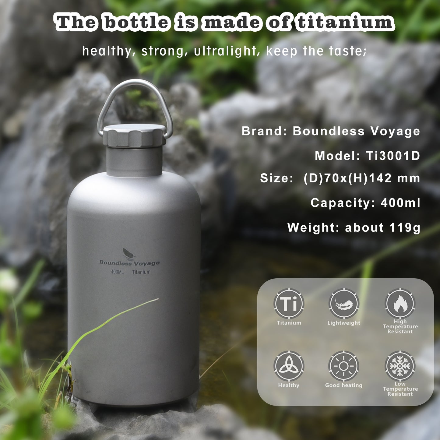 Boundless Voyage Titanium Water Tea Coffee Bottle with Titanium Lid Outdoor Camping Cycling Hiking Sports Picnic Drinkware 400ml