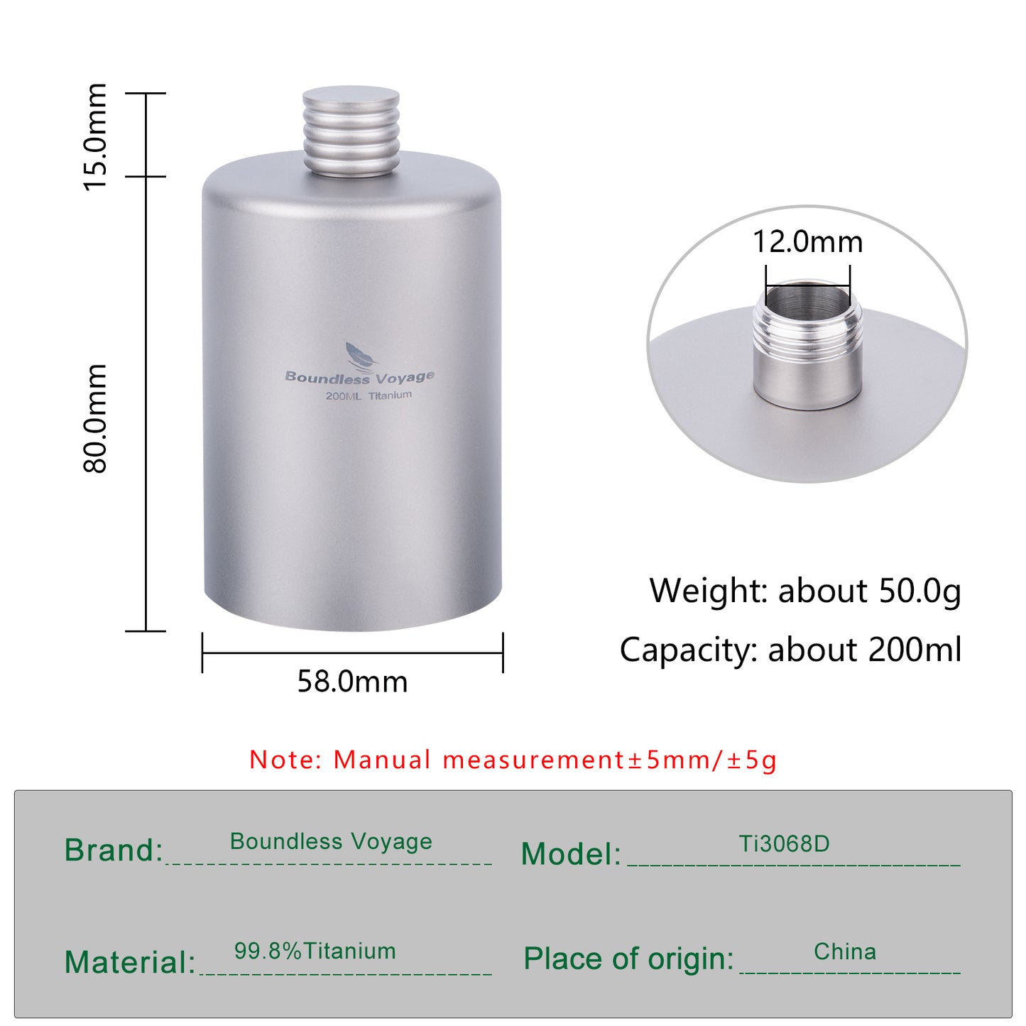 Boundless Voyage 200ml Titanium Pocket Flagon – Ultralight Portable Hip Flask for Camping, Hiking, Travel & Outdoor Adventures