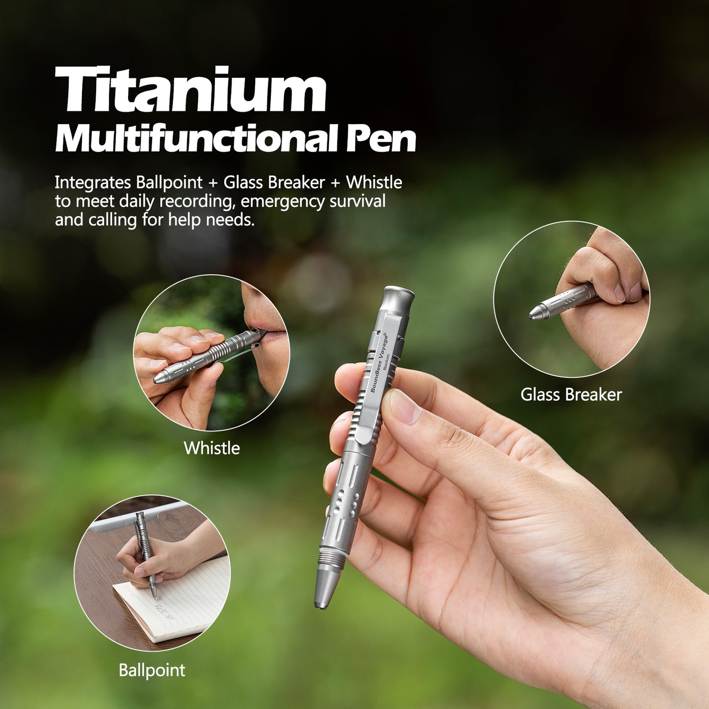 Boundless Voyage Titanium Multifunctional Pen – 3-in-1 Outdoor Emergency Tool with Whistle & Car Window Breaker