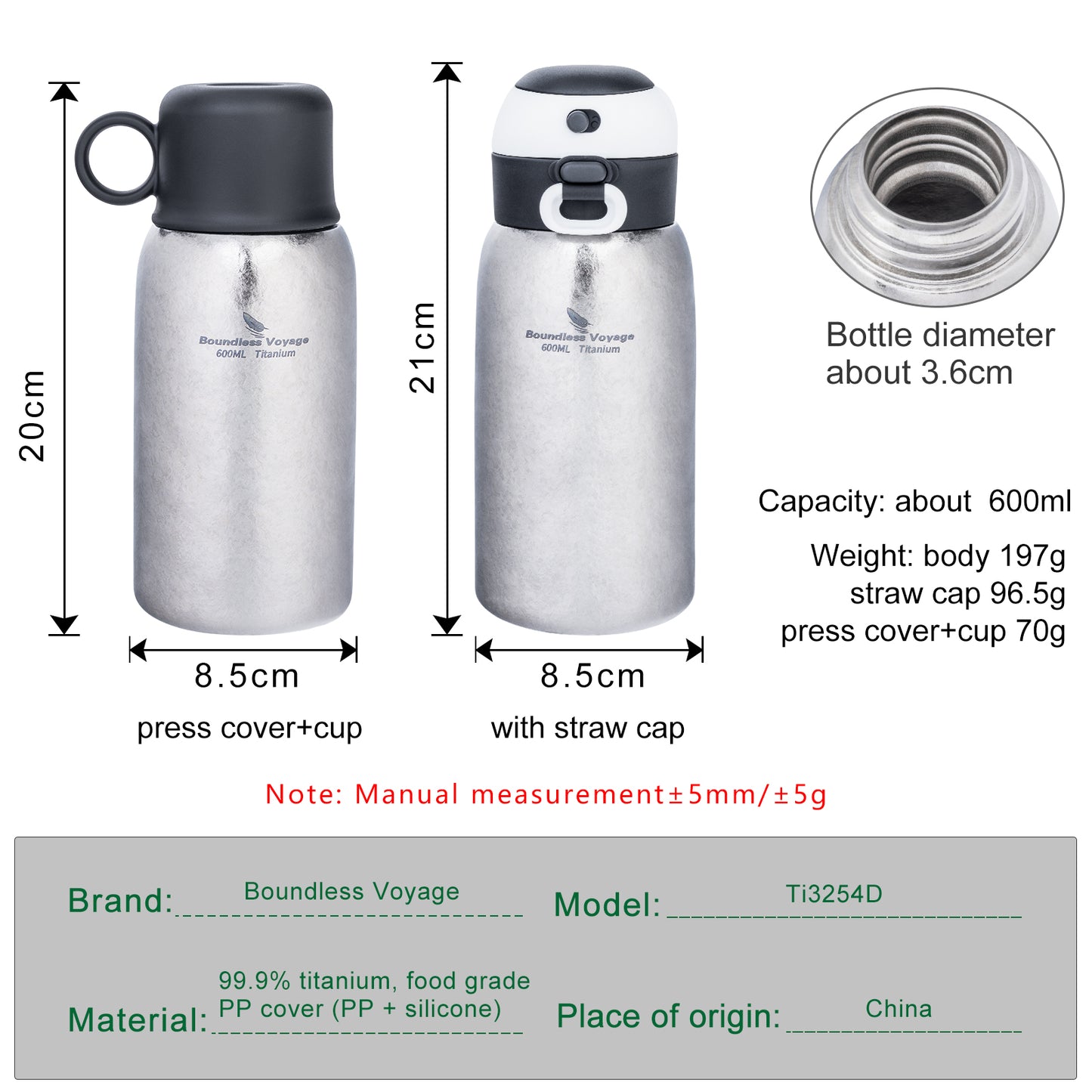 Boundless Voyage Titanium 630ml Vacuum Water Bottle Double-Walled Lightweight Coffee Bottle Leak-Proof Sport Bottle for Travel Outdoor Office