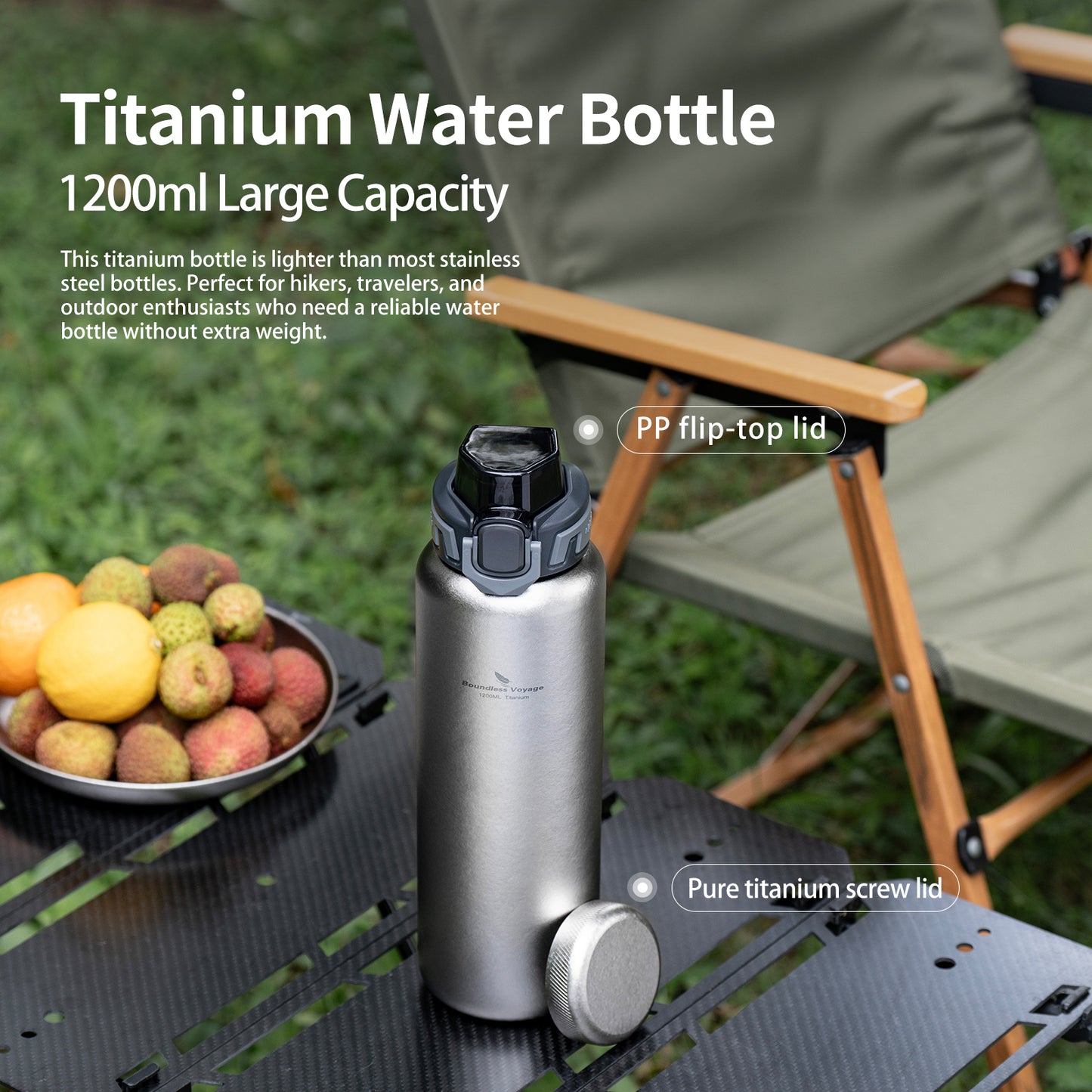 Boundless Voyage 1200ml Titanium Water Bottle with Dual Lids – Wide Mouth Leakproof Outdoor Bottle for Camping, Hiking, Gym & Travel