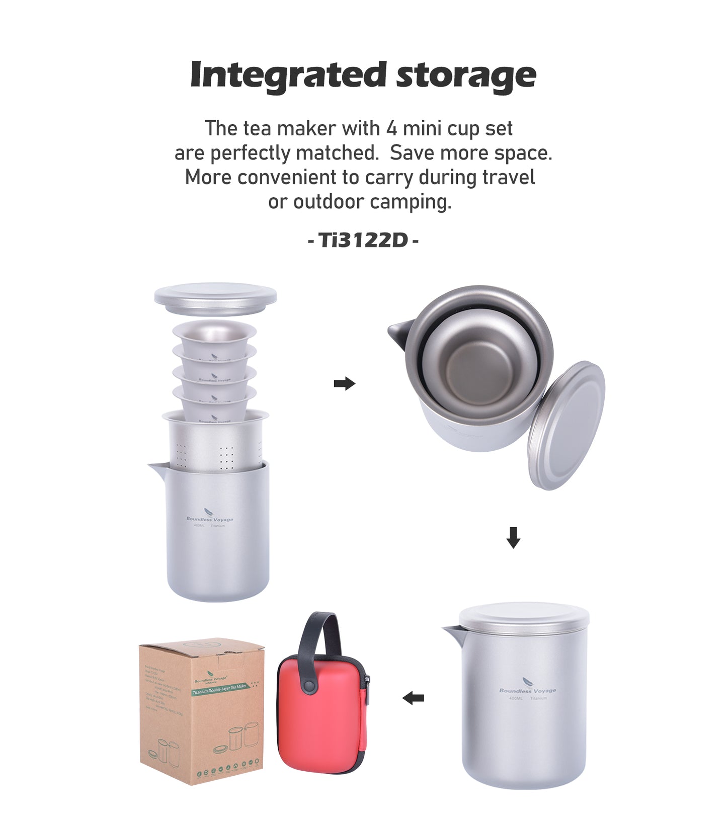 Boundless Voyage 400ml Titanium Double-Layer Tea Set | Insulated Teapot with 4pcs 40ml Anti-Scald Cups | Lightweight 168g Travel Tea Maker for Camping