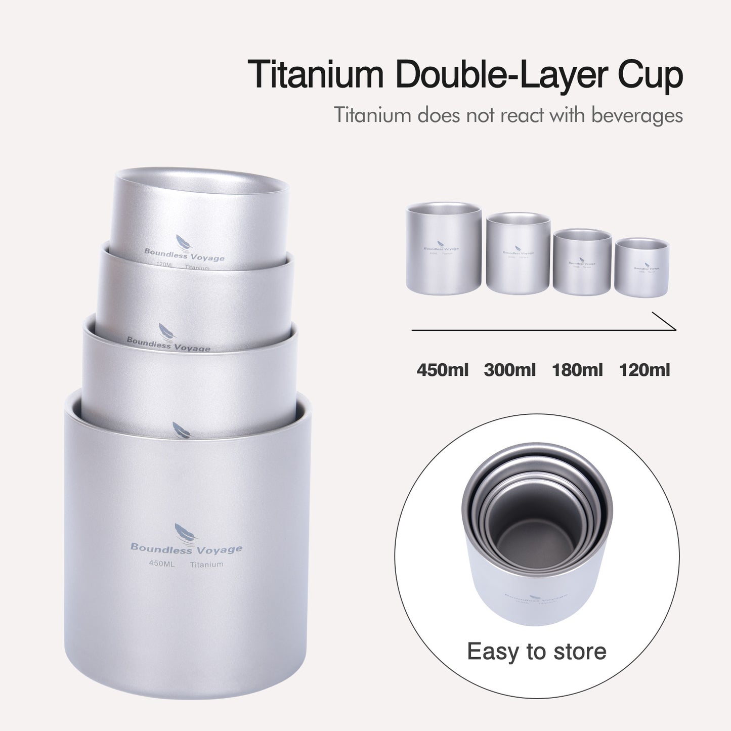 Boundless Voyage 3-Piece Double-Walled Titanium Cup Set | 120ml+180ml+300ml Insulated Camping Mugs | Ultralight Anti-Scalding Nesting Cup Set