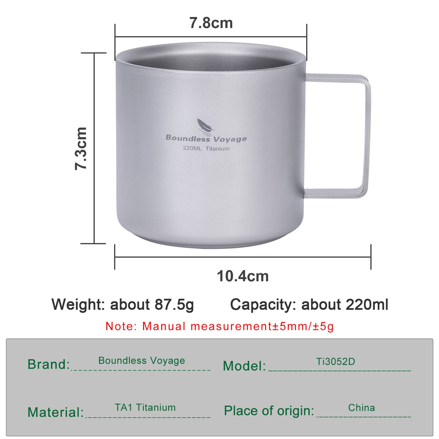 Boundless Voyage 220ml Double-Walled Titanium Cup | Ultralight Insulated Mini Coffee Mug | Anti-Scalding Tea Cup for Camping, Travel & Home