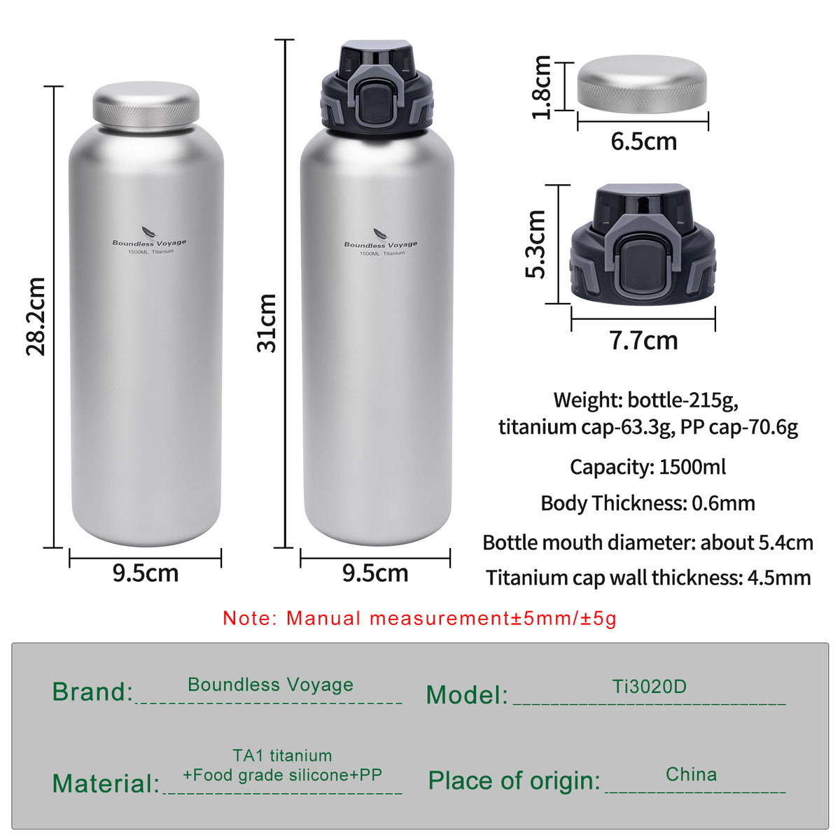 Boundless Voyage 1500ml Titanium Water Bottle – Lightweight Leak-Proof 1.5L Bottle with 2 Lids for Camping, Hiking, Travel & Gym