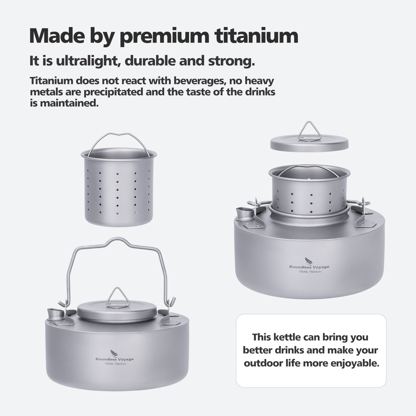 Boundless Voyage Titanium Kettle 700ml with Strainer – Ultralight Camping Pot with Folding Handle for Open Fire & Bushcraft