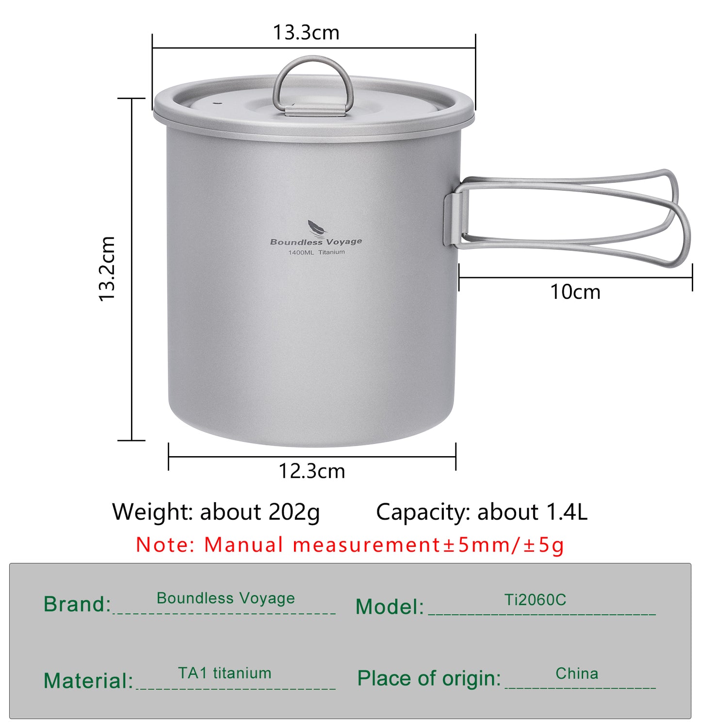 Boundless Voyage Titanium Camping Pot 1400ml Ultralight Backpacking Cookware with Folding Handle & Lid for Backpackers, Hikers & Outdoor Enthusiasts