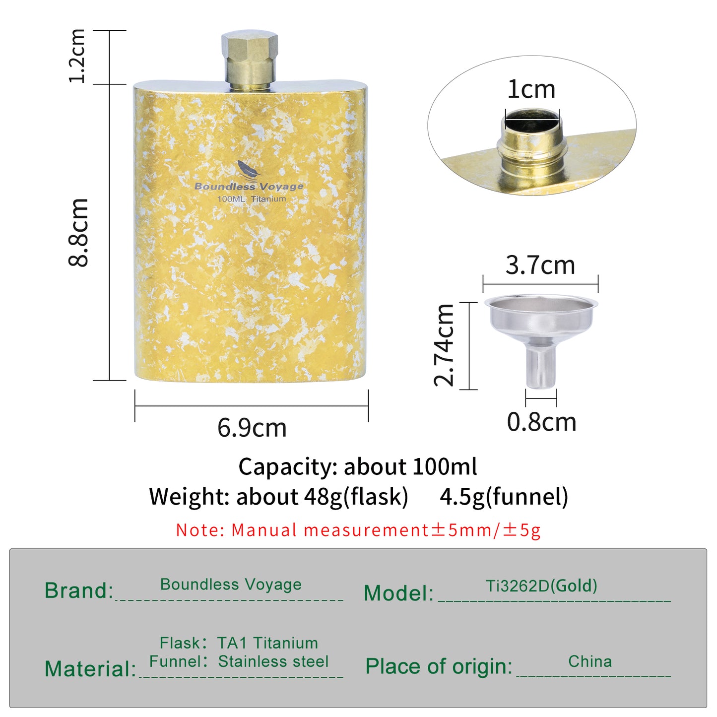 Boundless Voyage 100ml Titanium Color Flask – Lightweight Mini Flagon for Whiskey, Juice, Water, Wine – Outdoor Travel Bottle