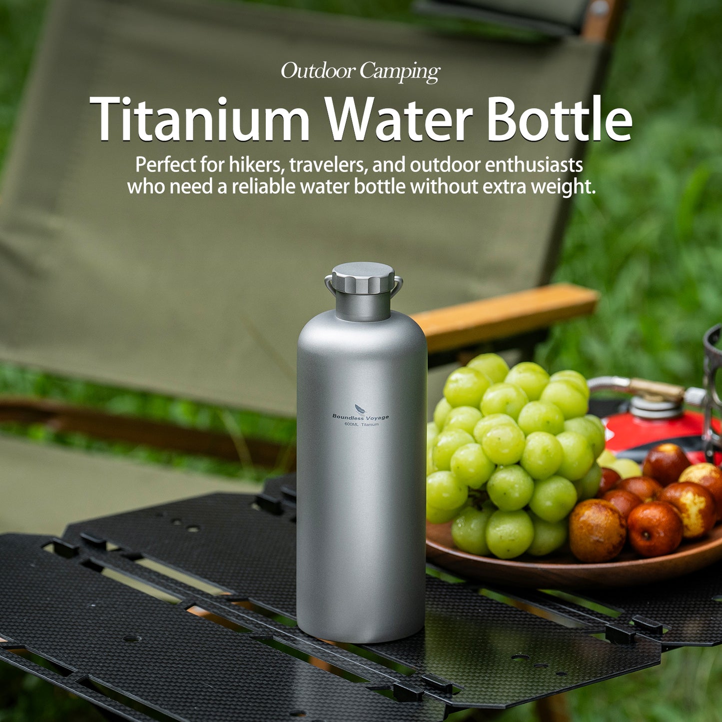 Boundless Voyage Titanium Water Bottle 600ml Ultralight Leak-Proof Lid, Durable & Corrosion Resistant, for Hiking, Camping, Travel & Everyday Use