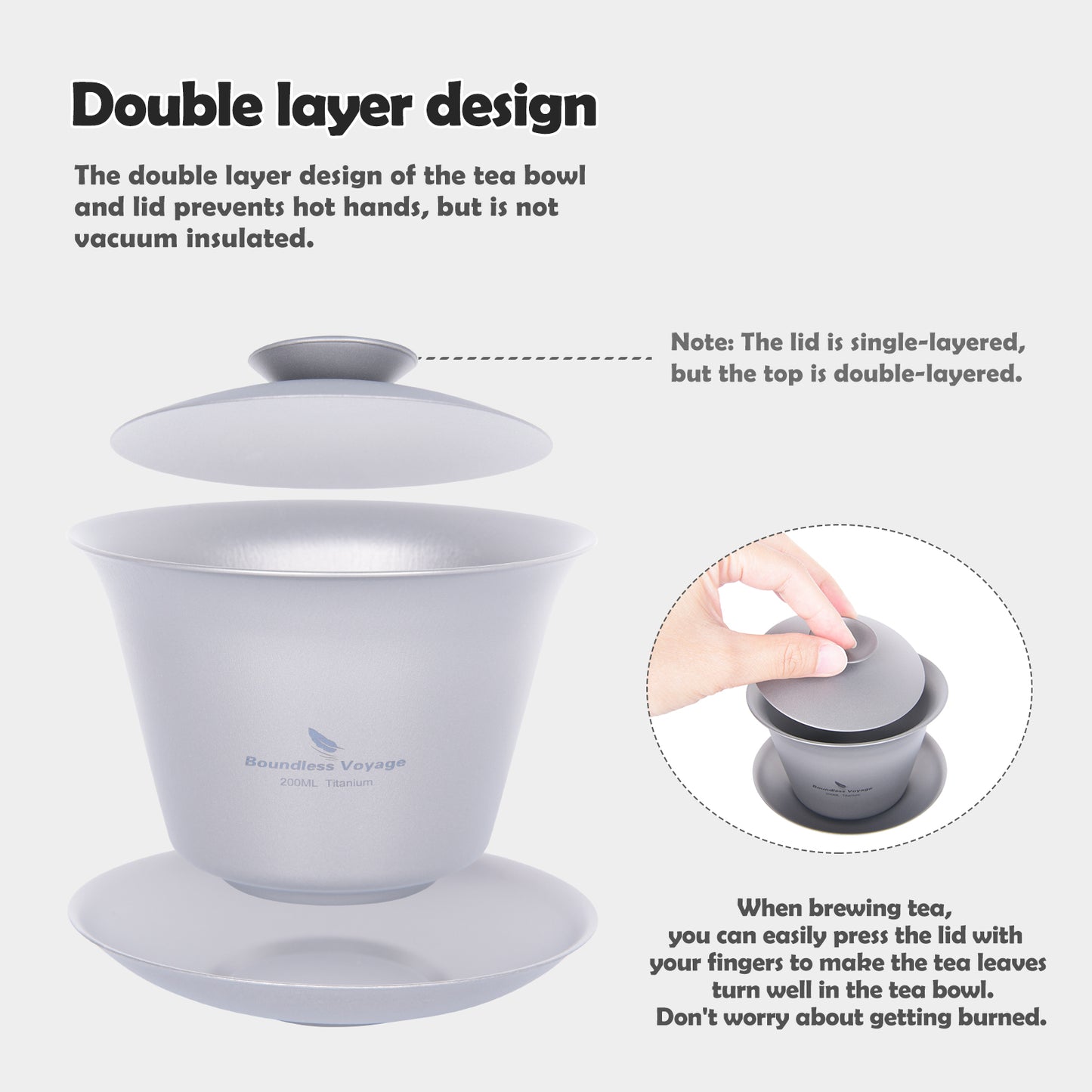Boundless Voyage 200ml Titanium Gaiwan Set | Chinese Kung Fu Tea Bowl with Lid & Saucer | 114g Ultralight Anti-Scald Tea Set for Travel