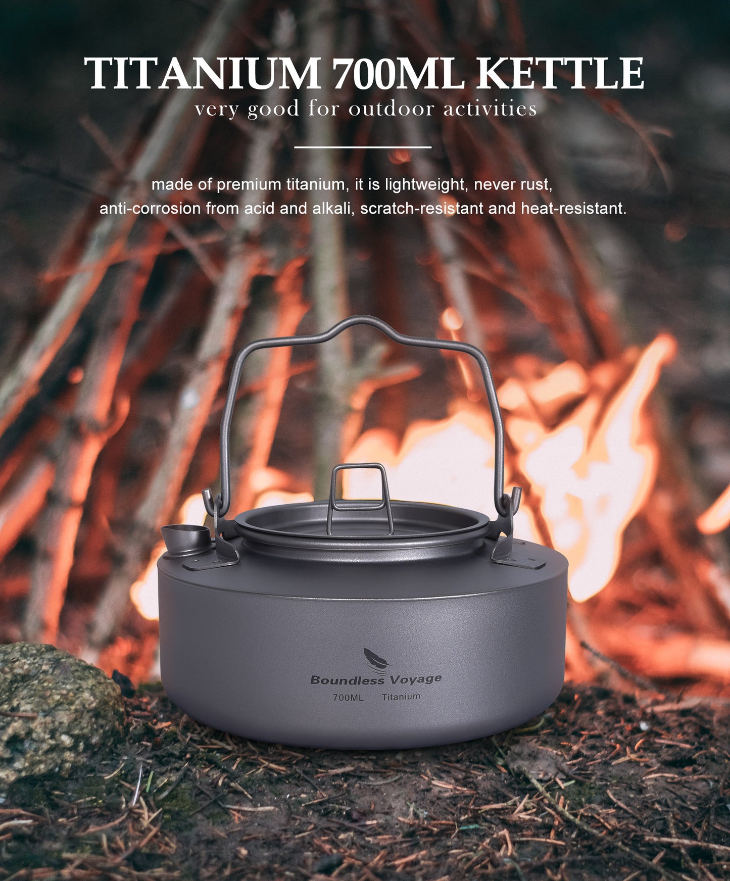Boundless Voyage 700ml Titanium Camping Kettle – Ultralight Teapot with Folding Handle for Outdoor Cooking & Boiling Water