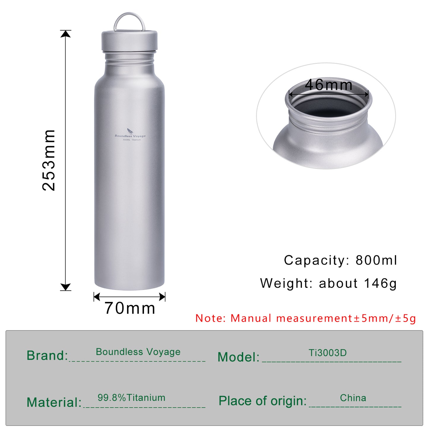 Boundless Voyage 800ml Pure Titanium Water Bottle with Titanium Lid | 27oz Ultralight Plastic-Free Sports Flask | Leakproof & Non-Toxic Metal Canteen for Cycling, Hiking & EDC