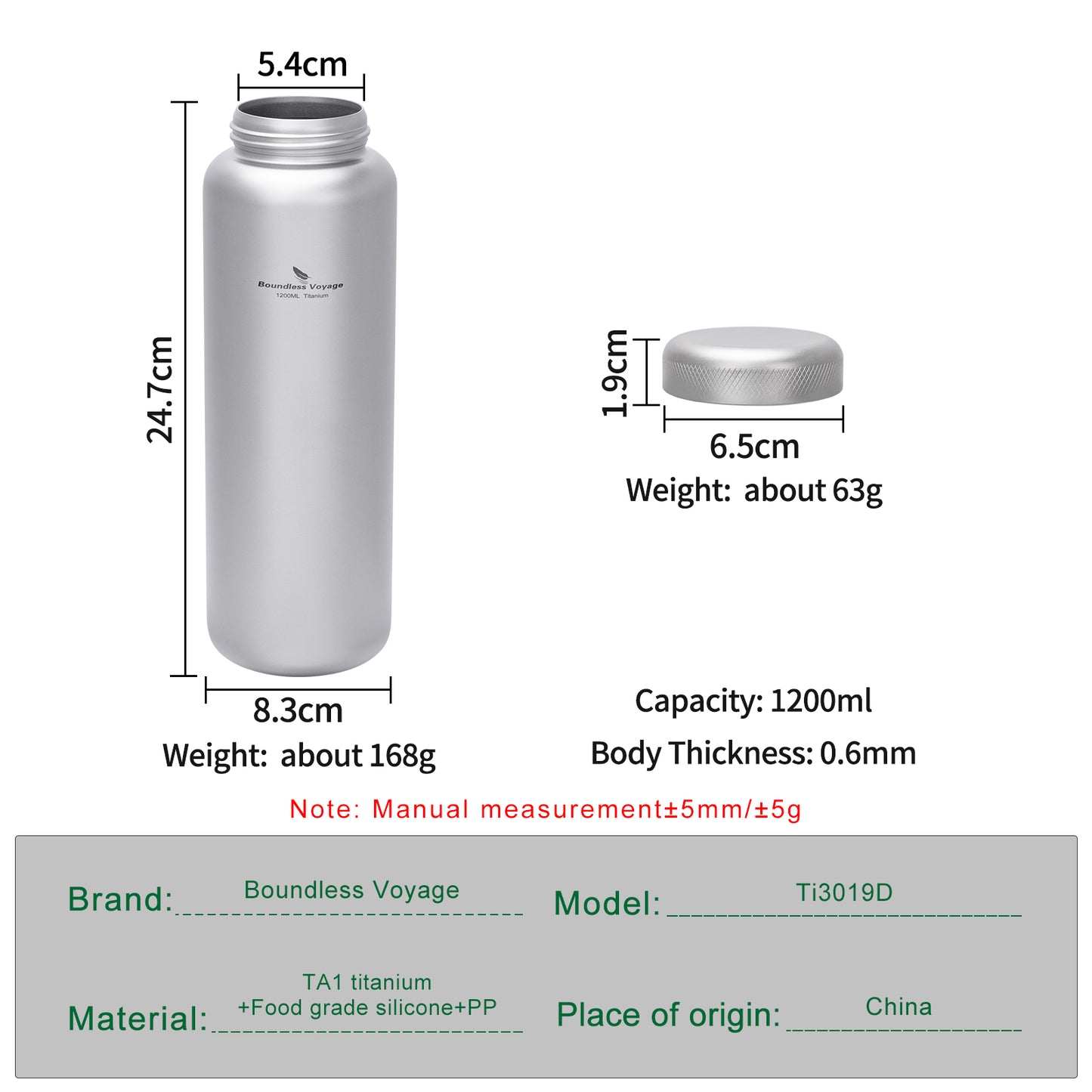Boundless Voyage 1200ml Titanium Water Bottle with Dual Lids – Wide Mouth Leakproof Outdoor Bottle for Camping, Hiking, Gym & Travel