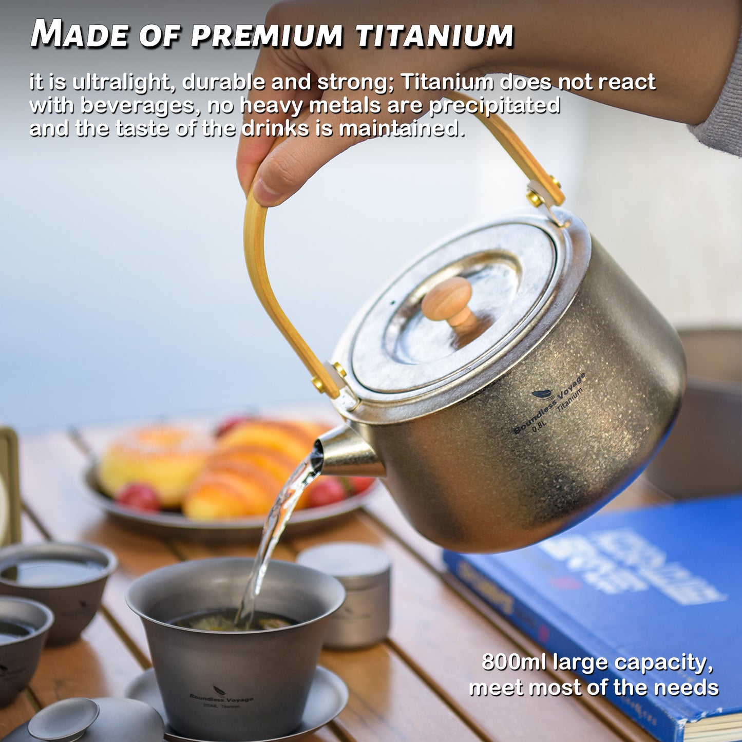 Boundless Voyage 800ml Crystallized Titanium Kettle | Ultralight Teapot with Anti-Scald Wooden Handle | Premium Tea & Coffee Pot for Camping
