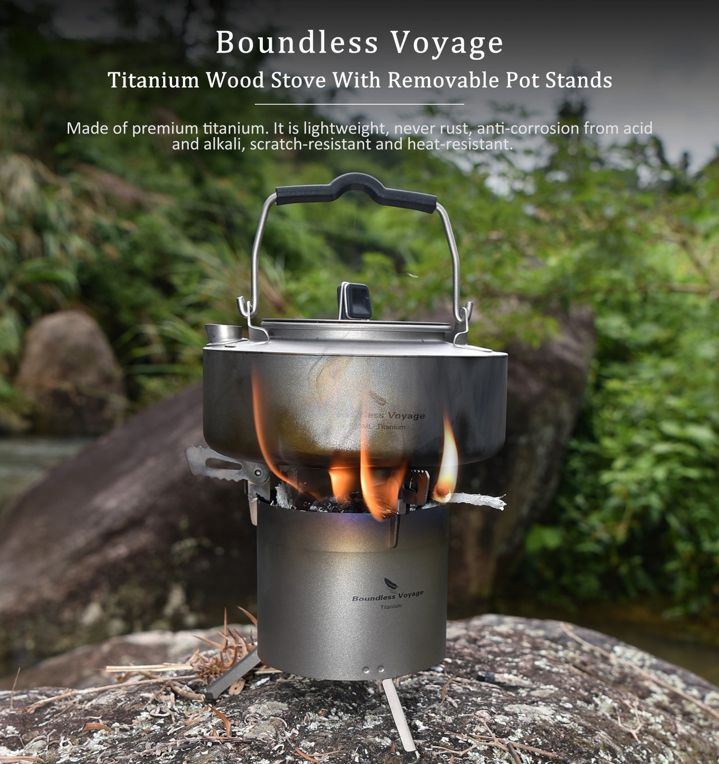 Boundless Voyage Camping Titanium Wood Stove With Removable Pot Stands Folding Legs Outdoor Double-wall Furnace