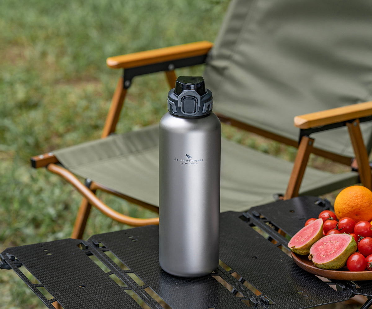 Boundless Voyage 1500ml Titanium Water Bottle – Lightweight Leak-Proof 1.5L Bottle with 2 Lids for Camping, Hiking, Travel & Gym