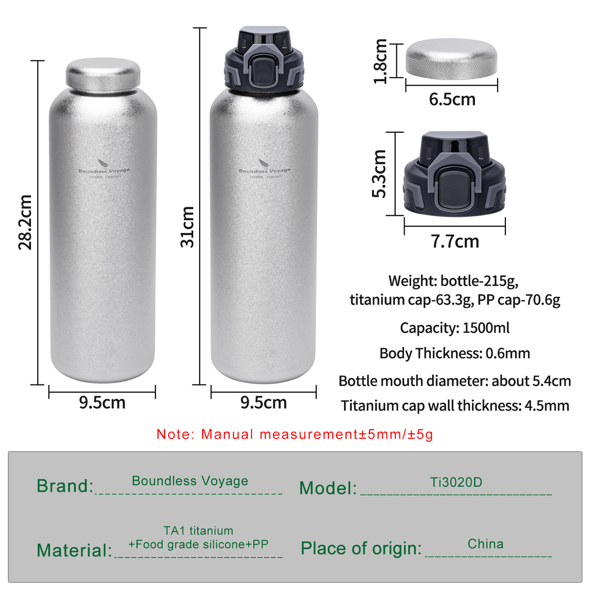 Boundless Voyage 1500ml Titanium Water Bottle – Lightweight Leak-Proof 1.5L Bottle with 2 Lids for Camping, Hiking, Travel & Gym