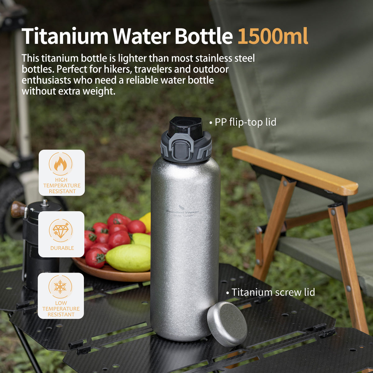 Boundless Voyage 1500ml Titanium Water Bottle – Lightweight Leak-Proof 1.5L Bottle with 2 Lids for Camping, Hiking, Travel & Gym