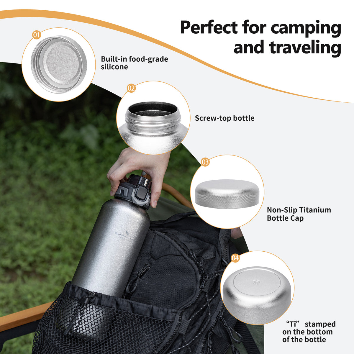 Boundless Voyage 1500ml Titanium Water Bottle – Lightweight Leak-Proof 1.5L Bottle with 2 Lids for Camping, Hiking, Travel & Gym