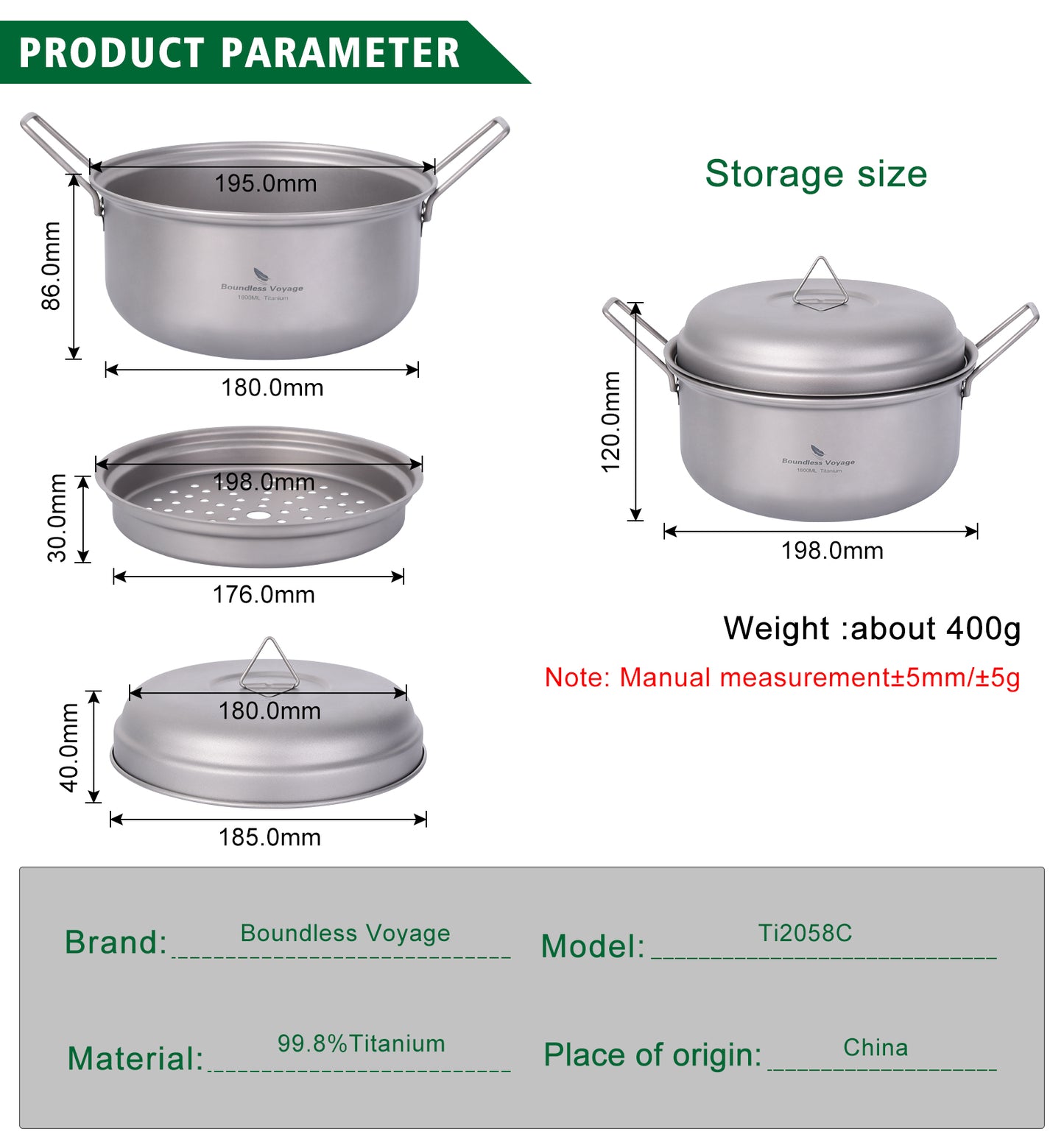 Boundless Voyage Titanium Steamer Pot Set with Lid – Ultralight Camping Stockpot & Steaming Kit, TA1 Titanium Outdoor Cookware for Backpacking, Hiking & Healthy Cooking