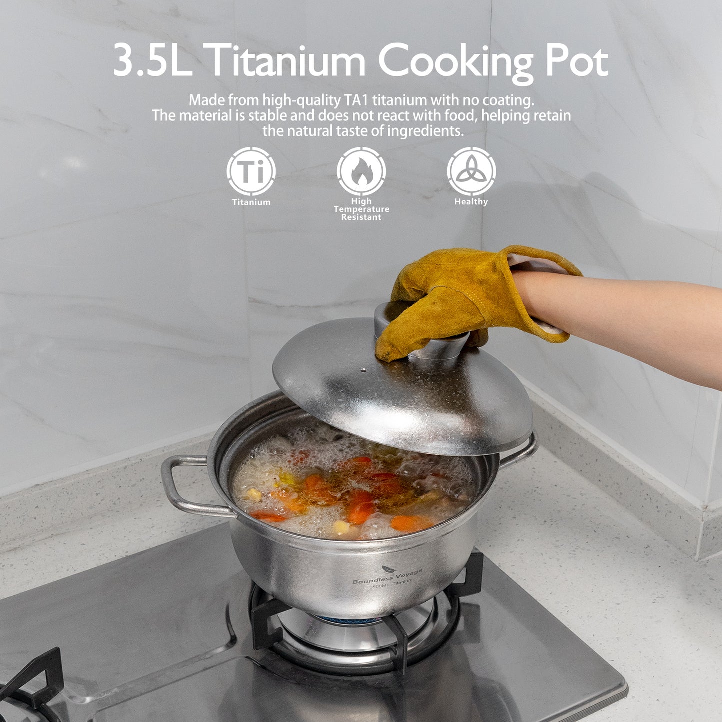 Boundless Voyage 3.5L Titanium Cooking Pot – Heavy-Duty Thick-Wall Stock Pot with Vented Lid for Home Kitchen & Outdoor Cooking