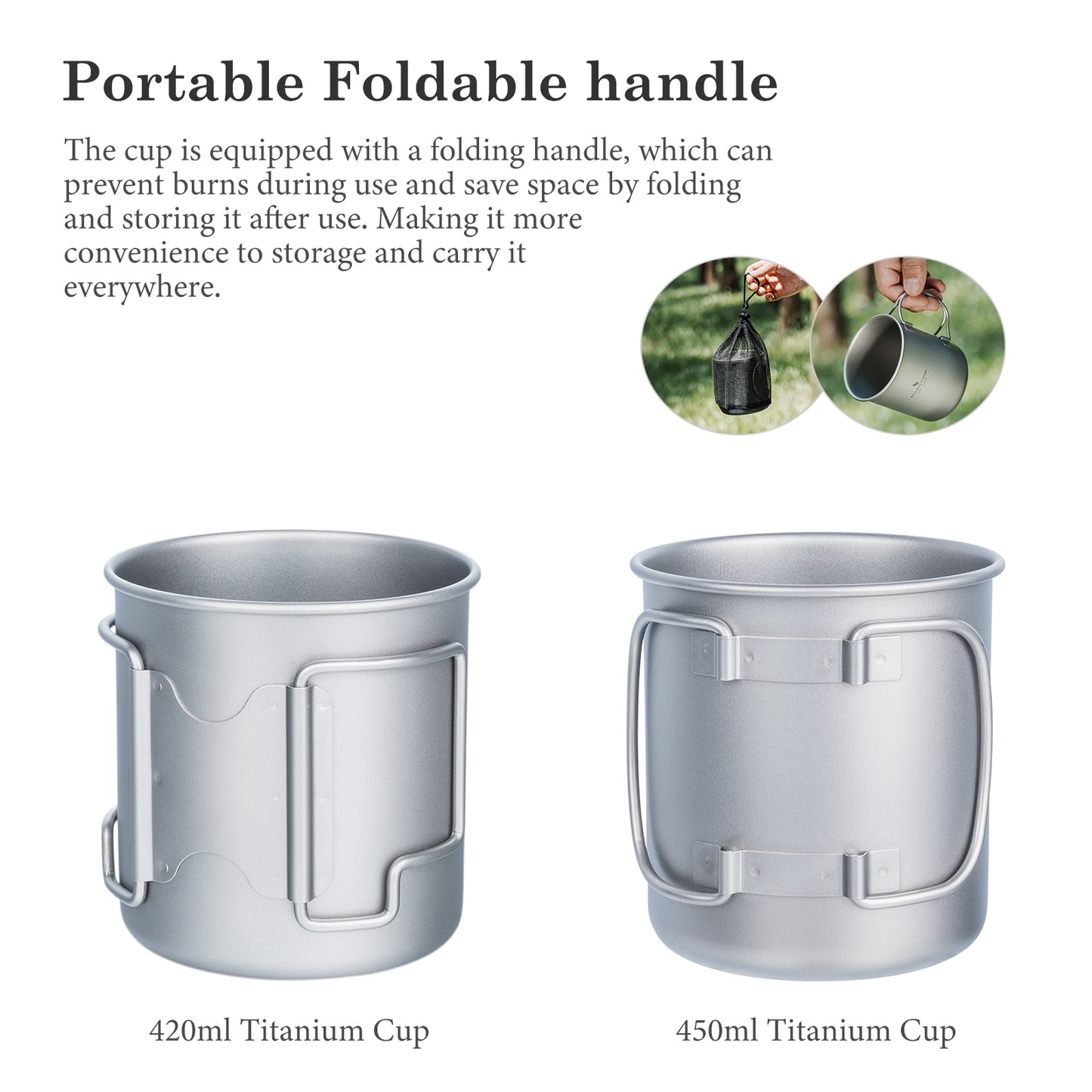 Boundless Voyage 420ml TA1 Titanium Camping Mug – Ultralight Foldable-Handle Cup for Water, Coffee & Tea Outdoors