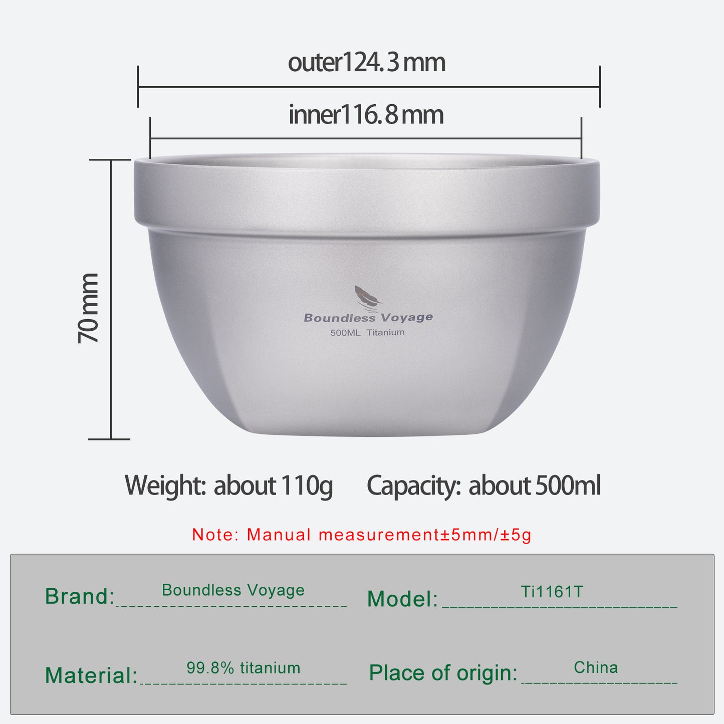 Boundless Voyage 500ml Double Walled Titanium Bowl Oatmeal Food Rice Soup Bowl Ultralight Portable Tableware Outdoor Camping Metal Bowl Lightweight