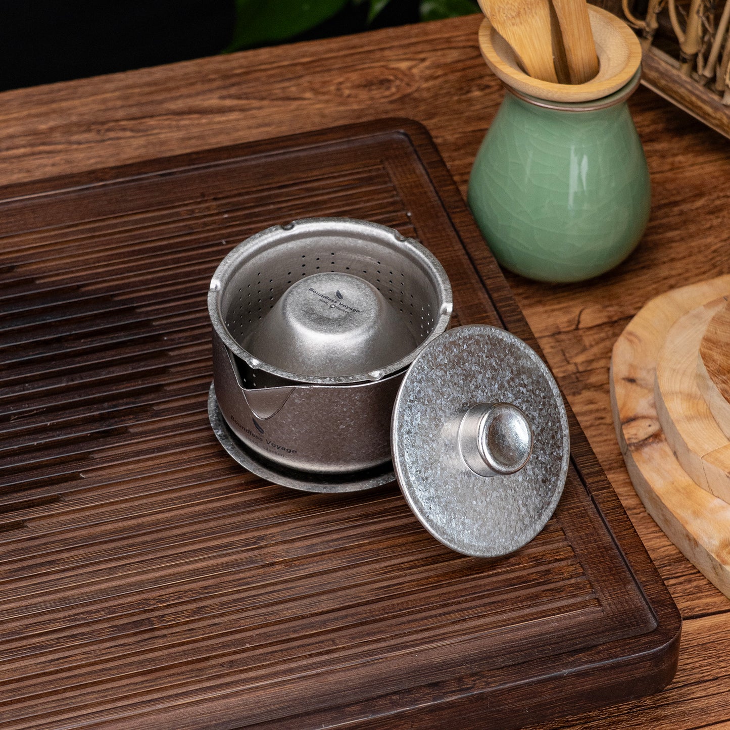 Boundless Voyage 180ml Titanium Double-Layer Tea Set | 136g Ultralight Teapot with 3pcs 30ml Anti-Scald Cups | Stackable Travel Tea Maker for Camping