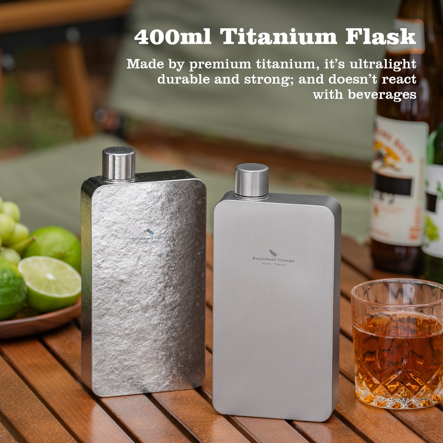 Boundless Voyage 400ml Titanium Flask – Ultra-Light Leakproof Metal Liquor Bottle with Funnel | Premium EDC Hip Flask for Camping, Travel & Gifts