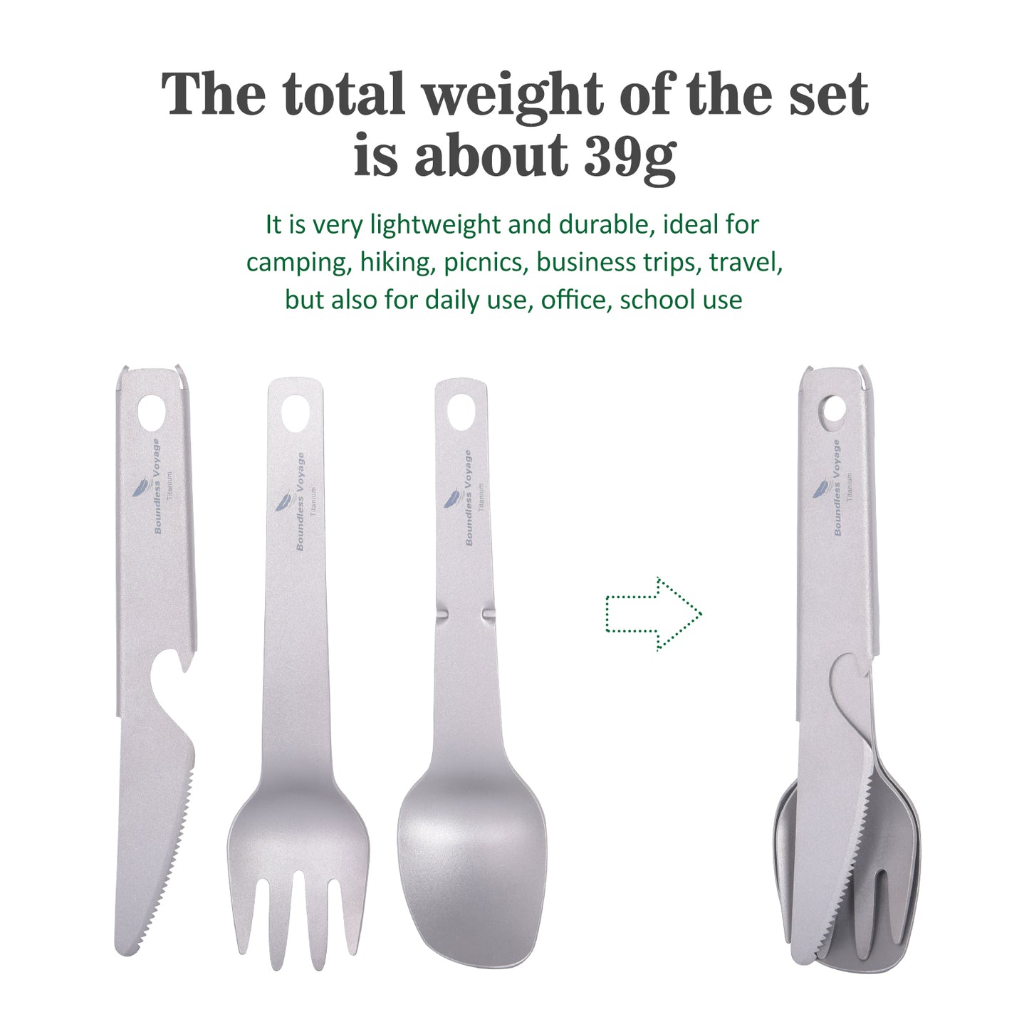 Boundless Voyage Titanium Cutlery Set – Ultralight Camping Knife Fork Spoon Set with Bottle Opener for Travel & Outdoor Use