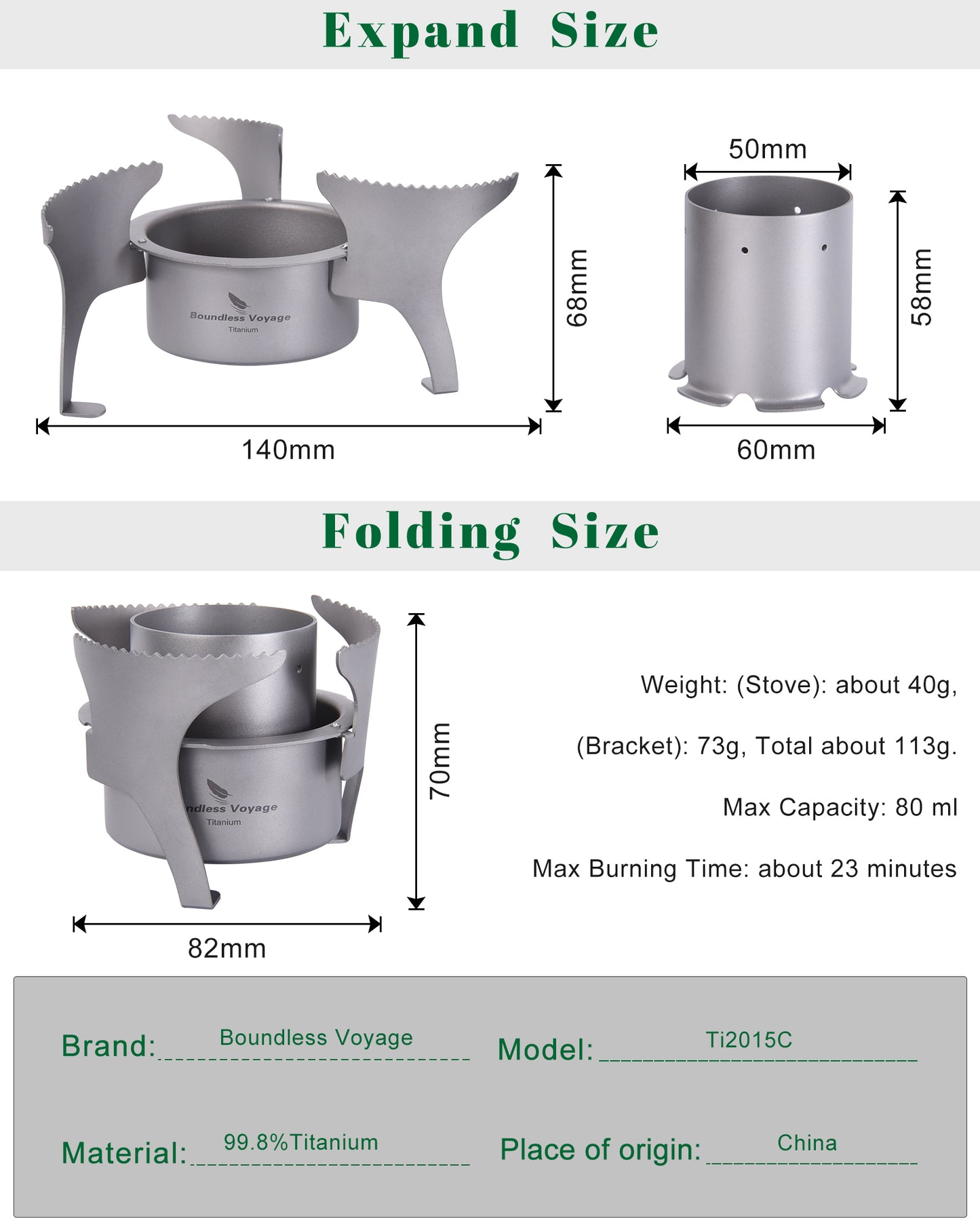 Boundless Voyage Titanium Alcohol Stove with Foldable Stand – Ultralight Spirit Burner for Camping, Backpacking & Outdoor Cooking