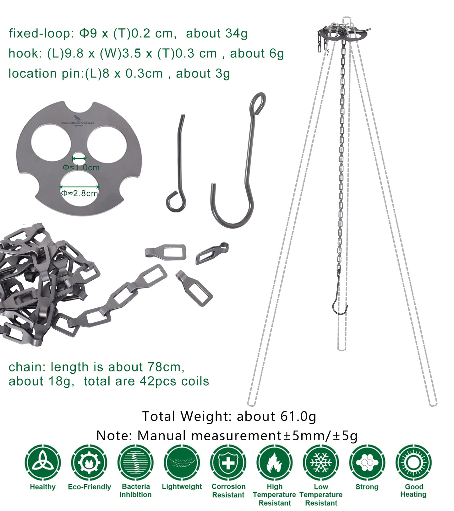 Boundless Voyage Titanium Hanging Chain with Hooks Fixed-loop for Pot Cup Grill Hanging Bird Feeders Hanging Basket Outdoor Indoor Camping Garden