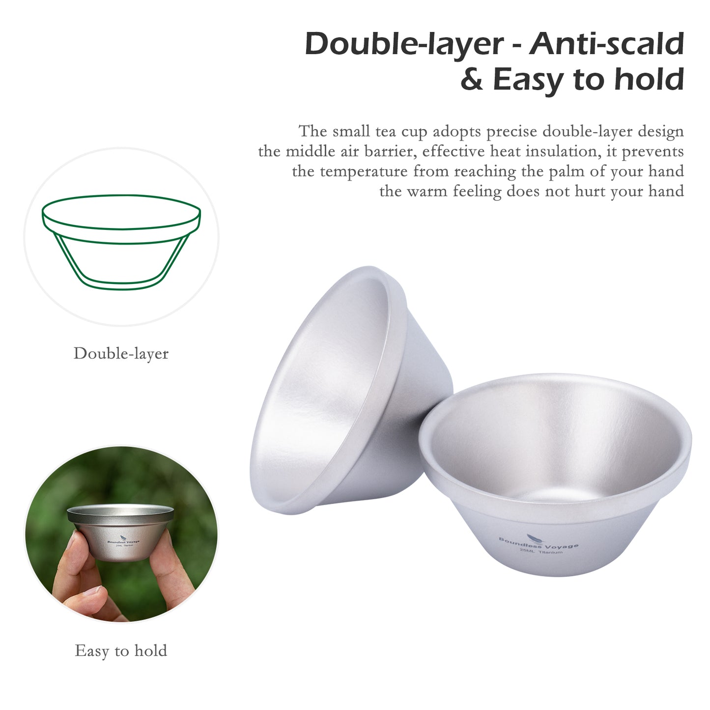 Boundless Voyage 25ml Titanium Double-Walled Tea Cup | 15g Featherlight Mini Tasting Mug | Anti-Scald Insulated Kung Fu Teacup for Camping