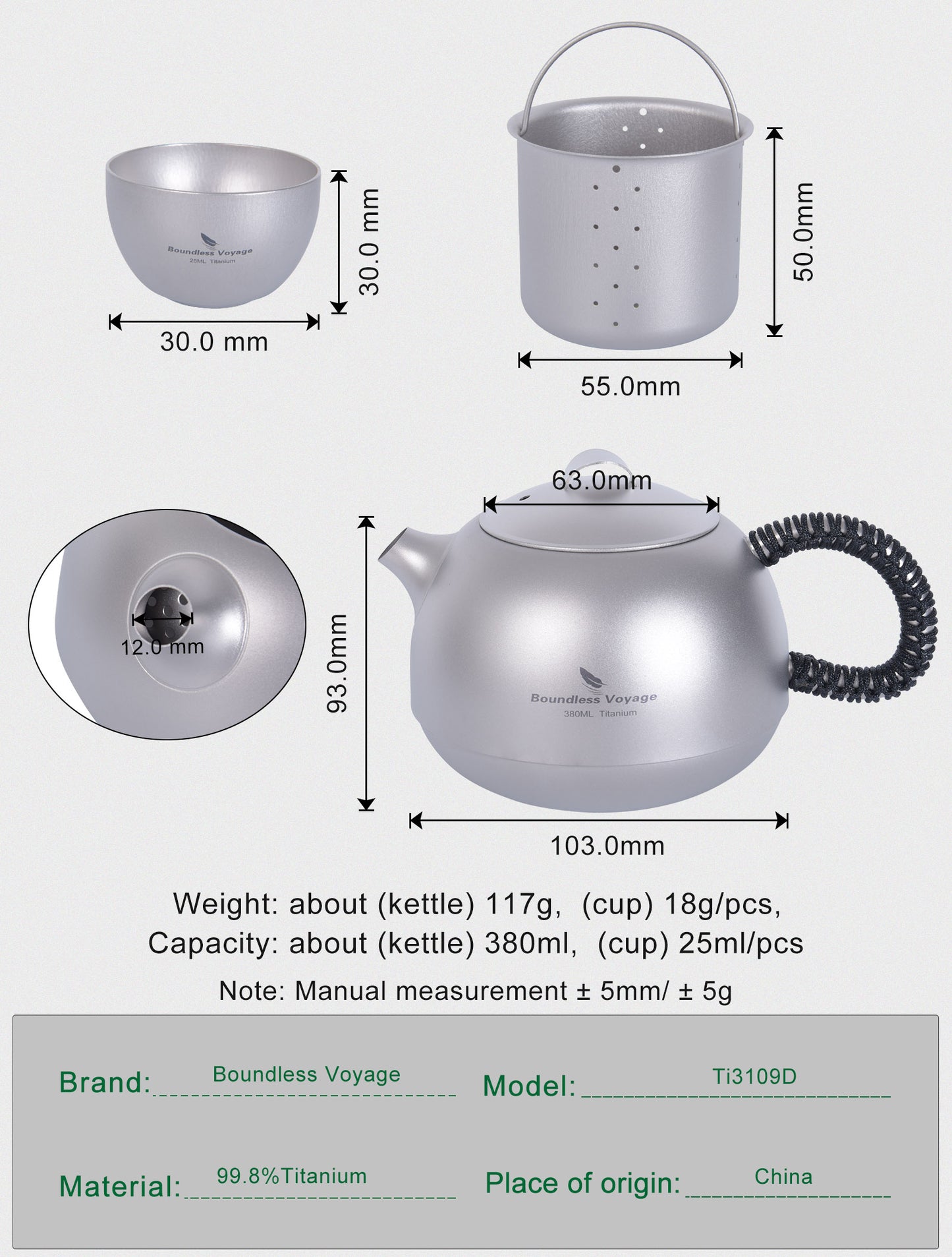 Boundless Voyage Titanium Kung Fu Tea Set | 380ml Kettle & 3PCS 25ml Cups | Anti-Scald Ultralight Tea Maker for Camping, Hiking & Travel