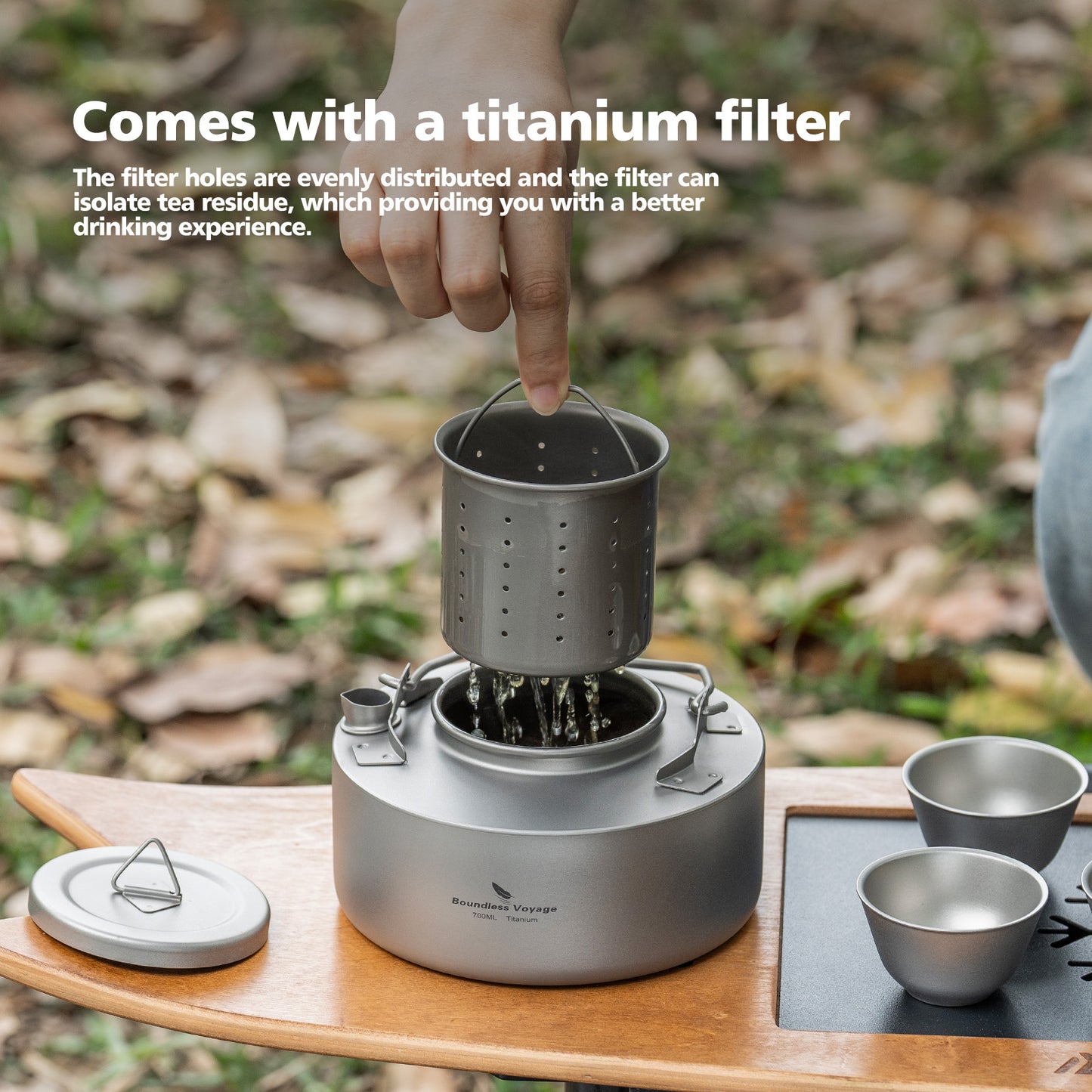 Boundless Voyage Titanium Kettle 700ml with Strainer – Ultralight Camping Pot with Folding Handle for Open Fire & Bushcraft