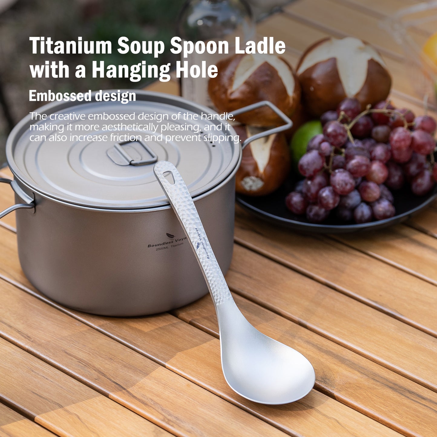 Boundless Voyage Titanium Soup Ladle 21.5cm – Large Hanging Cooking Spoon for Camping, Outdoor Kitchen & Food Serving