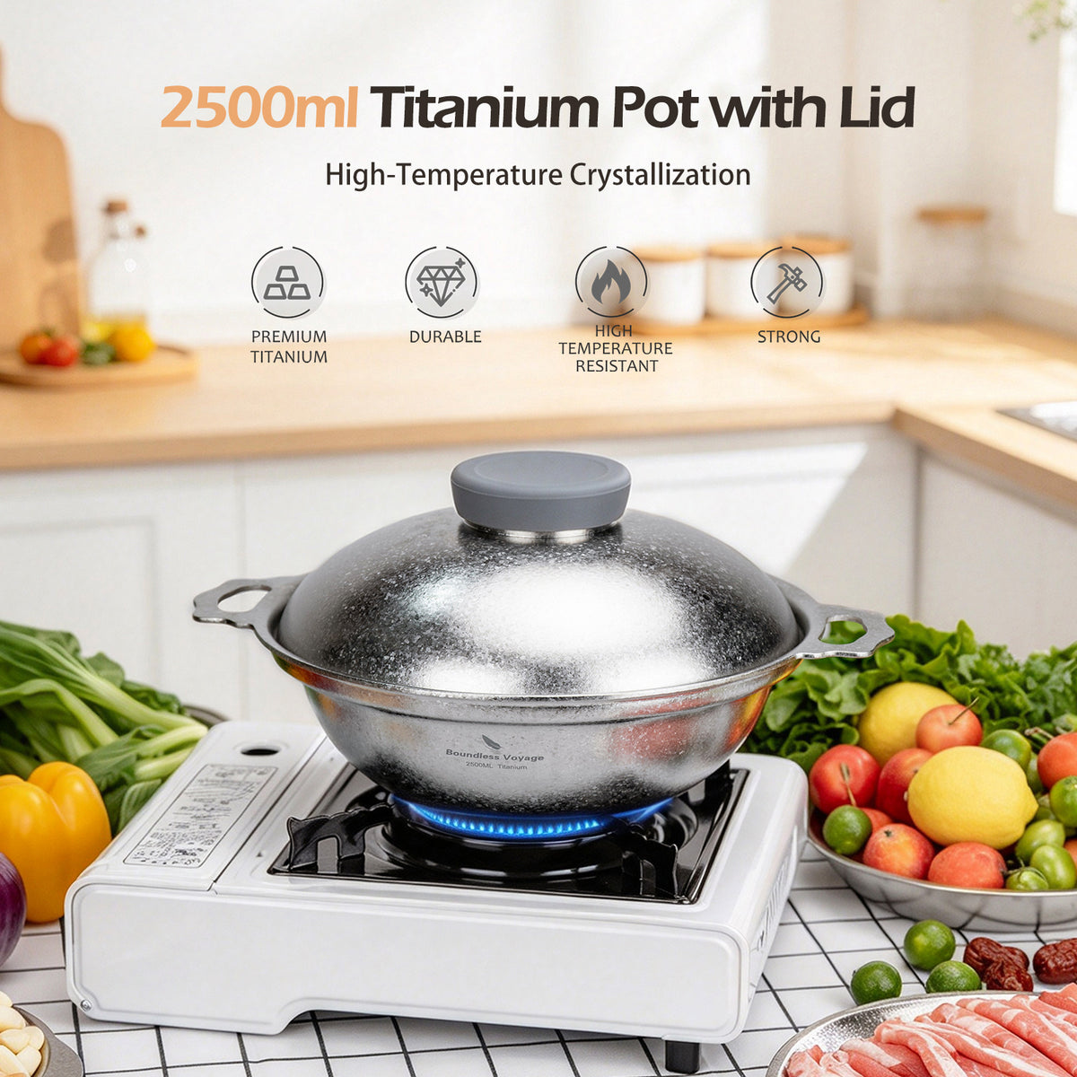 Boundless Voyage 2500ml Pure Titanium Camping Pot with Lid – Large Non-Coated Cooking Pot for Camping, Hot Pot & Outdoor Cooking